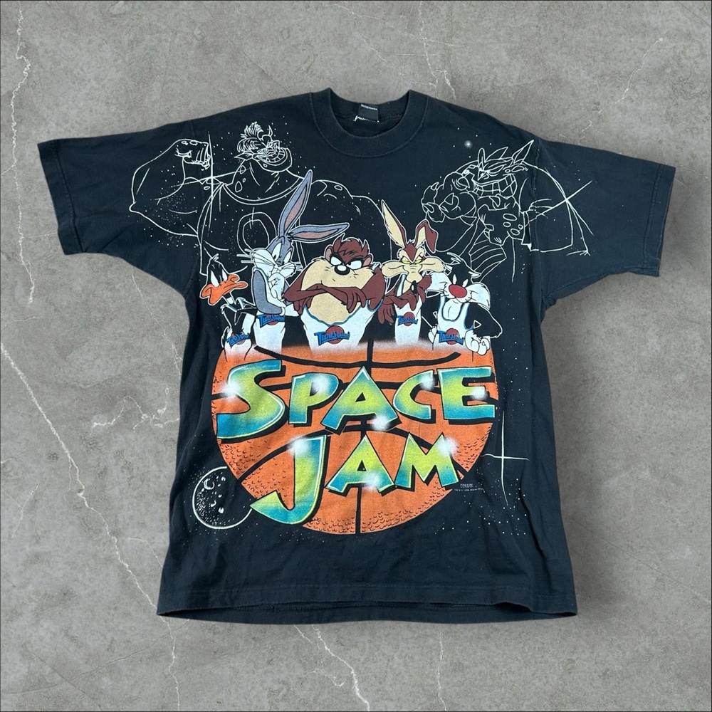 Vintage Space Jam Shirt Mens XL Black 1996 AOP Warner Bros Movie Promo‎ 90s RARE